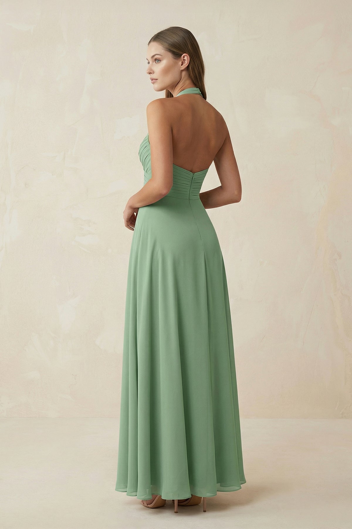 V-Neck Pleated A-Line Chiffon Bridesmaid Dress in Sea Glass - SHE IS ME BRIDESMAID DRESSES