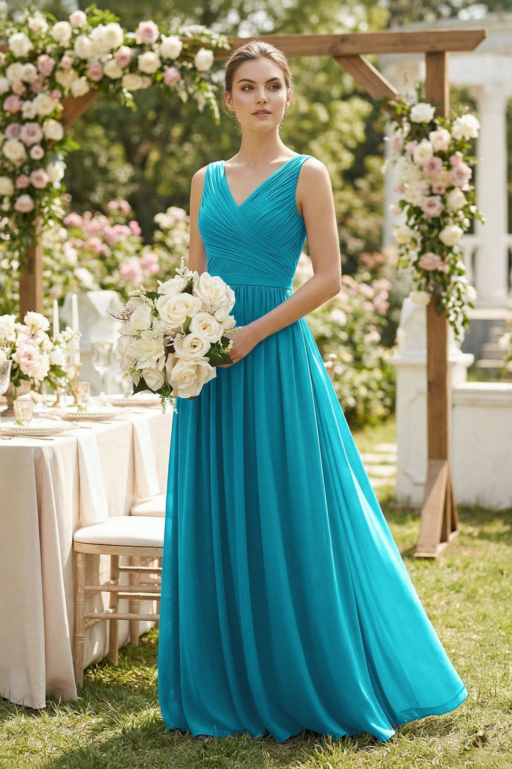 A-Line V-Neck Pleated Chiffon Bridesmaid Dress in Blue Jay - SHE IS ME BRIDESMAID DRESSES