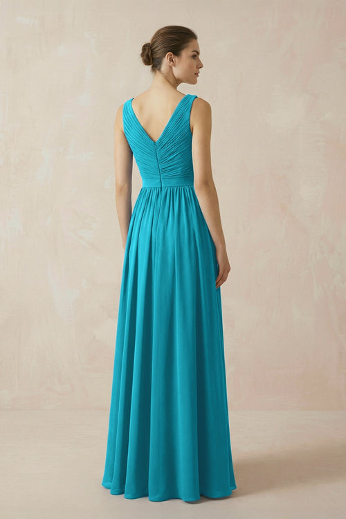 A-Line V-Neck Pleated Chiffon Bridesmaid Dress in Blue Jay - SHE IS ME BRIDESMAID DRESSES