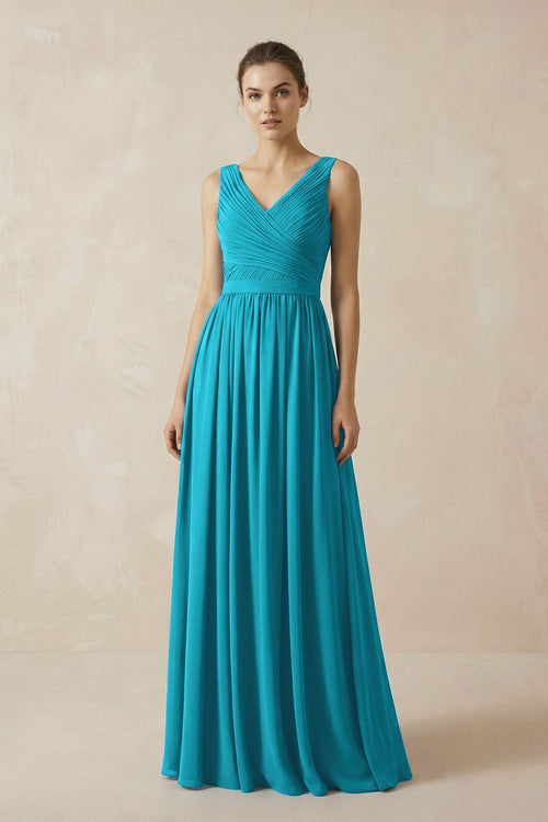 A-Line V-Neck Pleated Chiffon Bridesmaid Dress in Blue Jay - SHE IS ME BRIDESMAID DRESSES