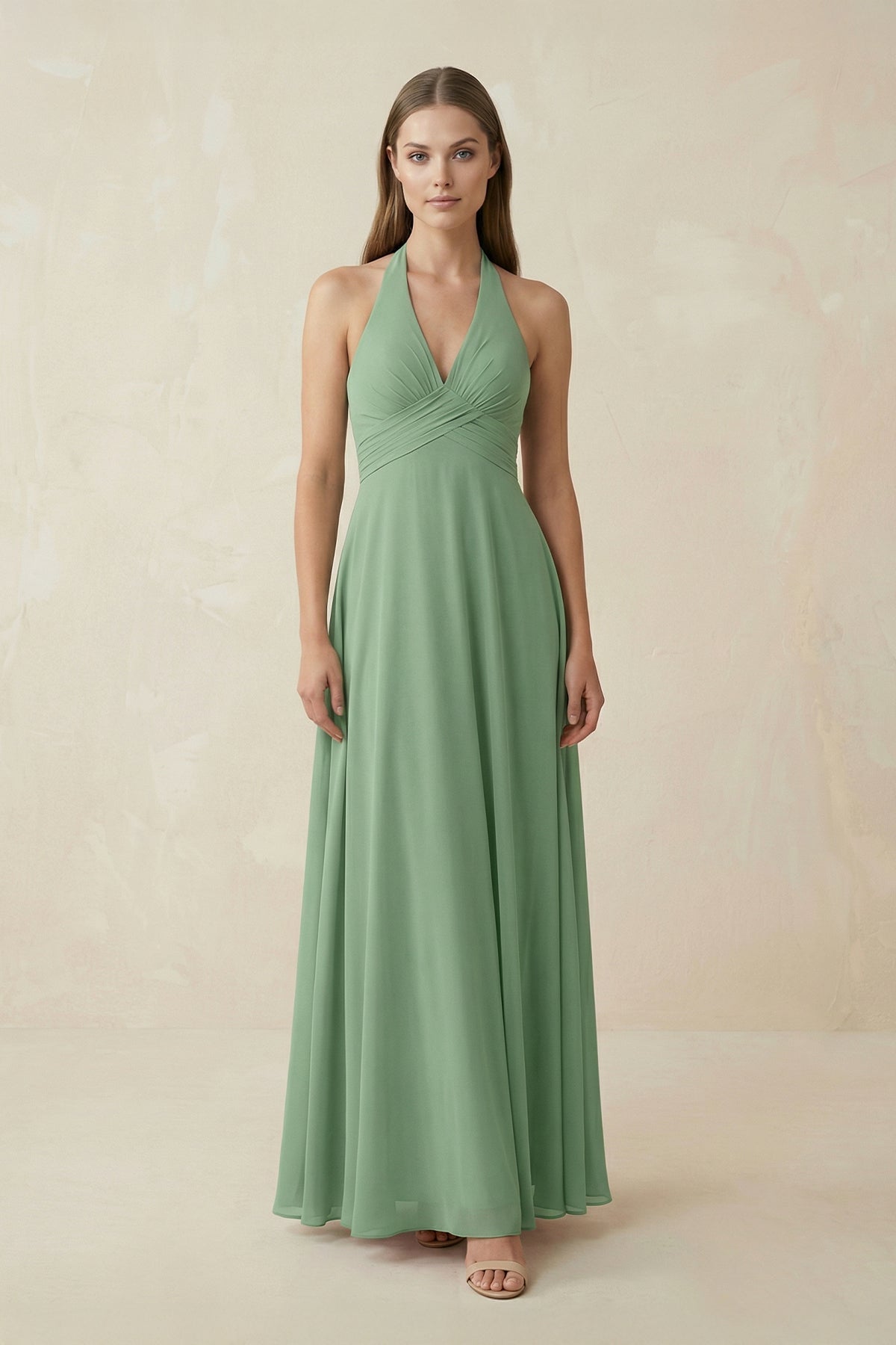 V-Neck Pleated A-Line Chiffon Bridesmaid Dress in Sea Glass - SHE IS ME BRIDESMAID DRESSES