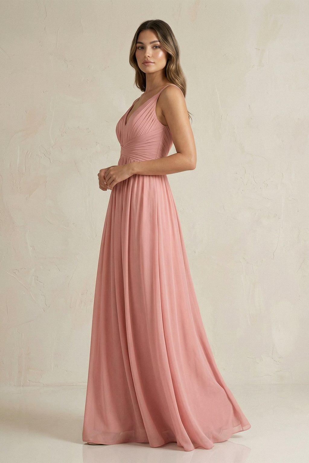 V-Neck Pleated A-Line Chiffon Bridesmaid Dress in Mulberry - SHE IS ME BRIDESMAID DRESSES