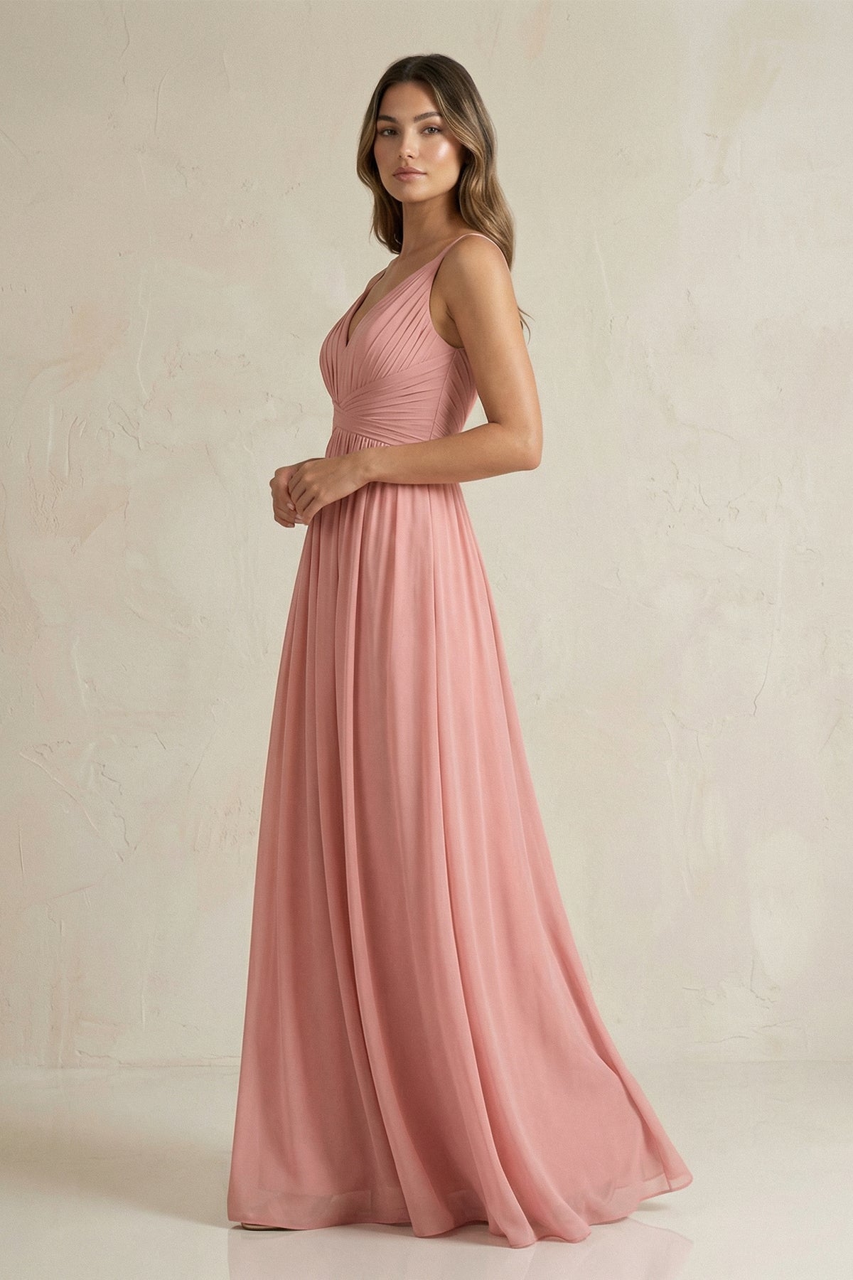 V-Neck Pleated A-Line Chiffon Bridesmaid Dress in Mulberry - SHE IS ME BRIDESMAID DRESSES