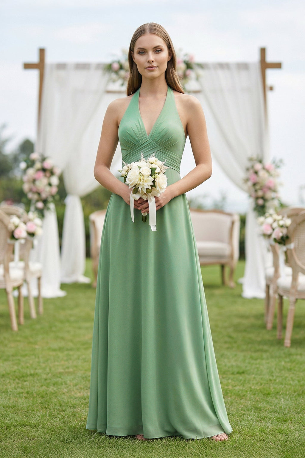 V-Neck Pleated A-Line Chiffon Bridesmaid Dress in Sea Glass - SHE IS ME BRIDESMAID DRESSES