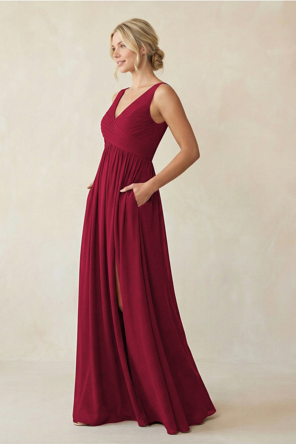 V - Neck Pleated A - Line Chiffon Bridesmaid Dress in Berry - SHE IS ME Bridesmaid Dresses