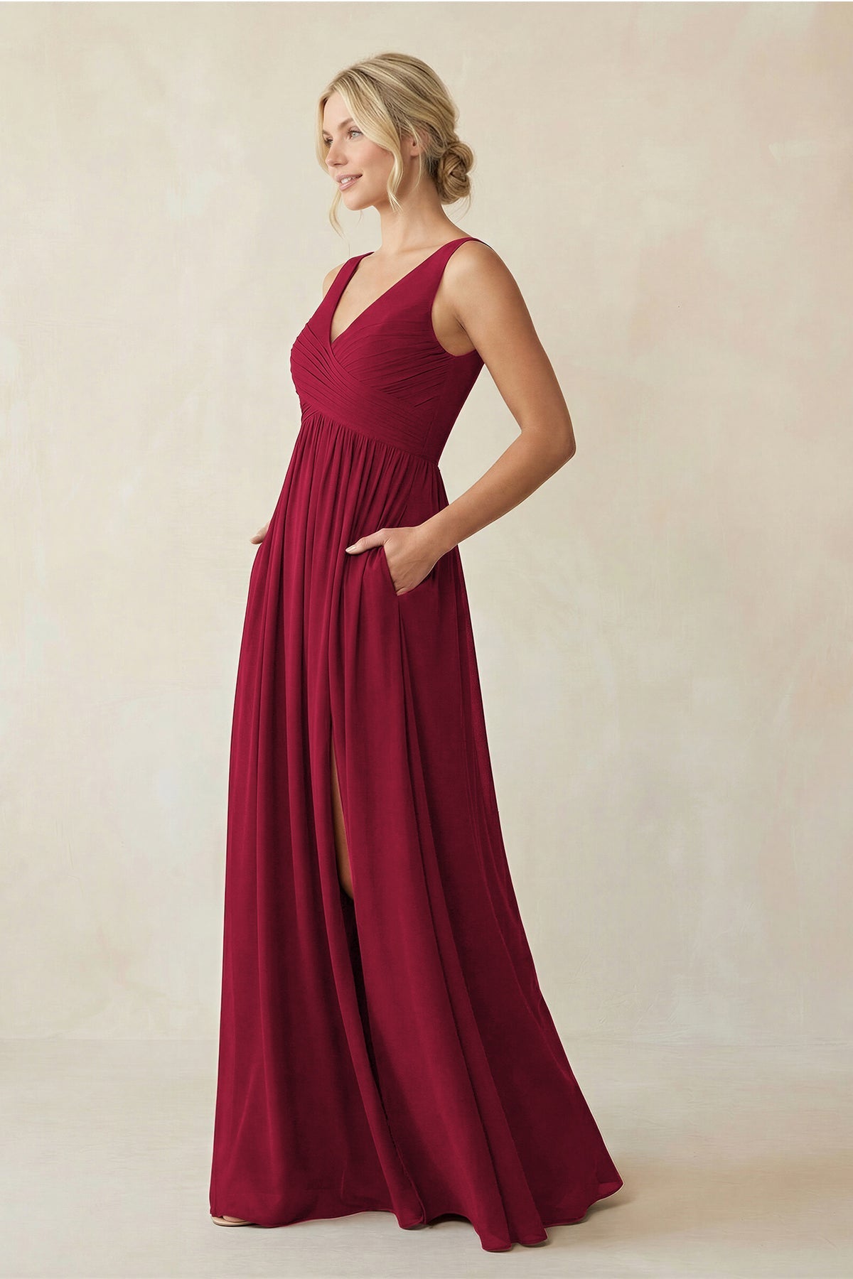 V - Neck Pleated A - Line Chiffon Bridesmaid Dress in Berry - SHE IS ME Bridesmaid Dresses