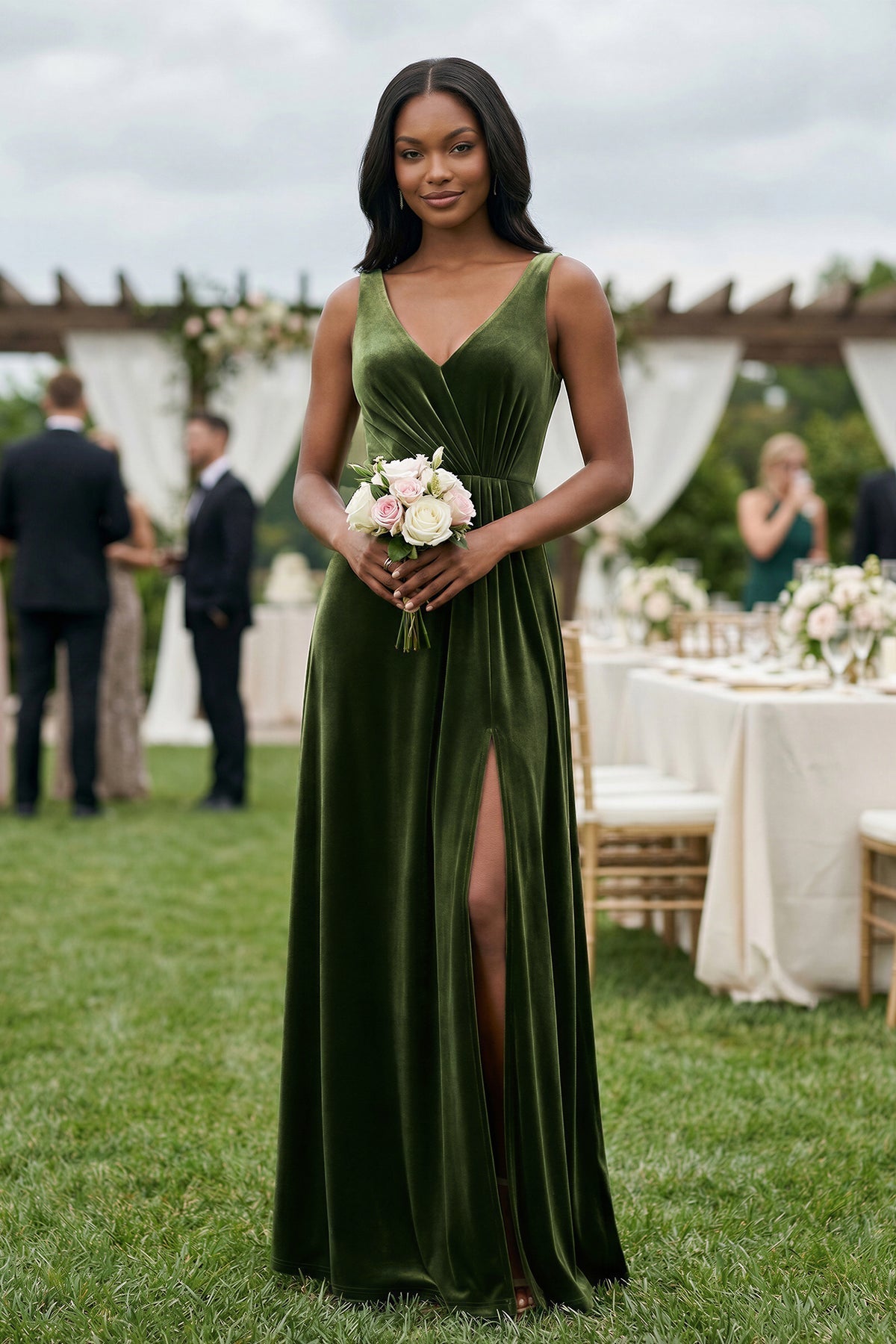 V - Neck Ruched A - Line Velvet Bridesmaid Dress in Olive - SHE IS ME Bridesmaid Dresses