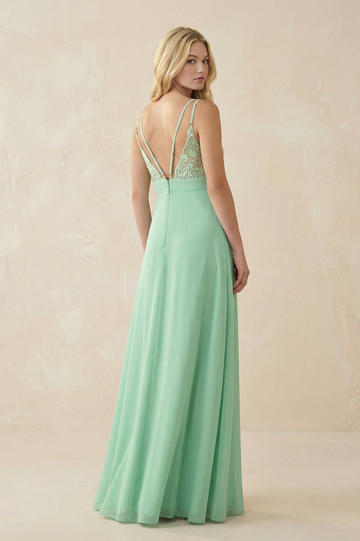 V-Neck Ruched Chiffon Bridesmaid Dress with Slit in Pale Pistachio - SHE IS ME BRIDESMAID DRESSES