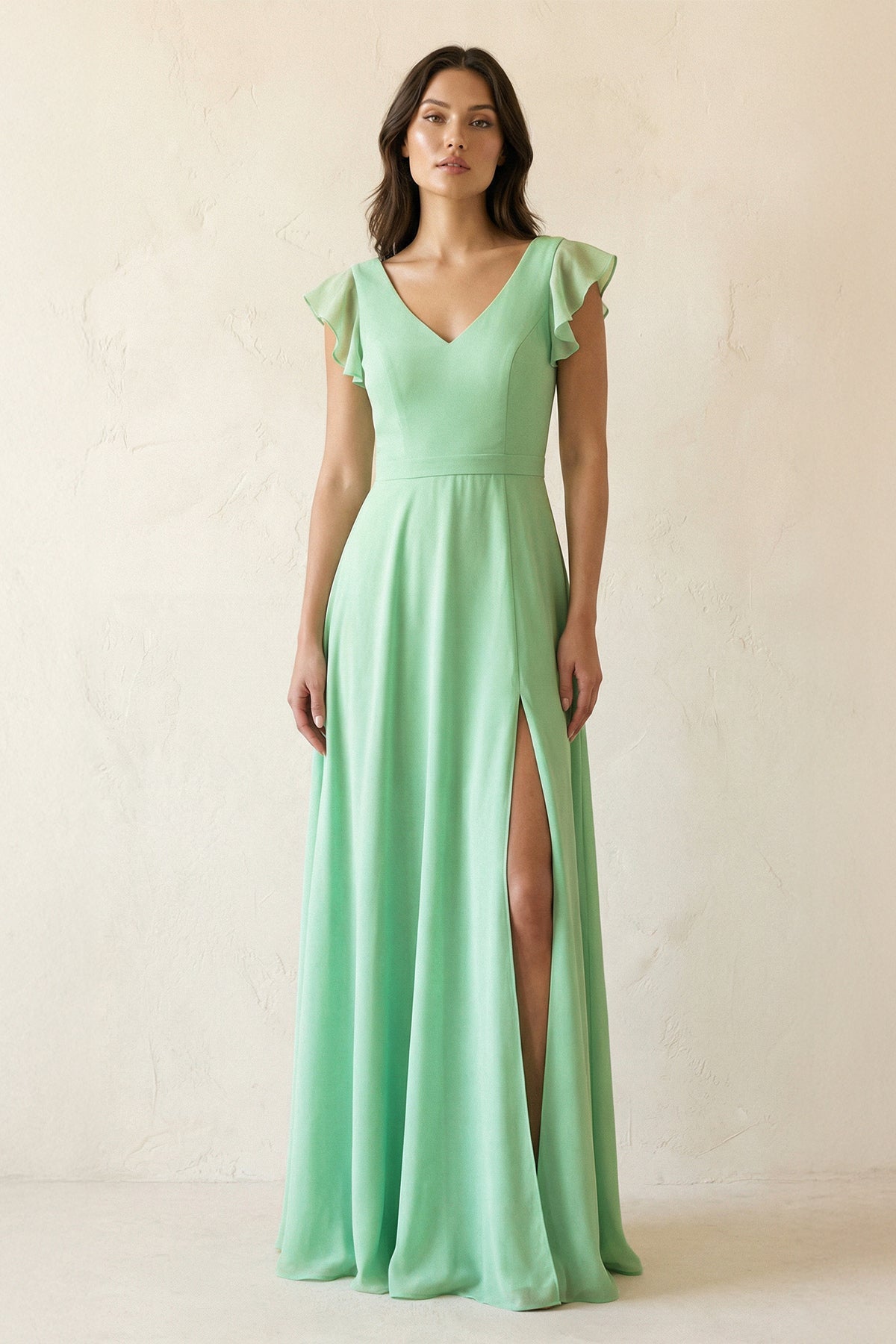 V-Neck Ruffled A-Line Chiffon Bridesmaid Dress in Pale Pistachio - SHE IS ME BRIDESMAID DRESSES