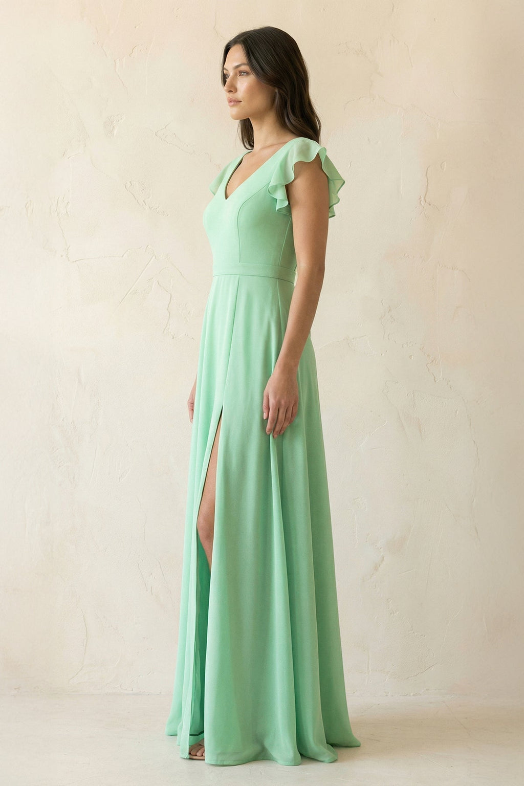 V-Neck Ruffled A-Line Chiffon Bridesmaid Dress in Pale Pistachio - SHE IS ME BRIDESMAID DRESSES