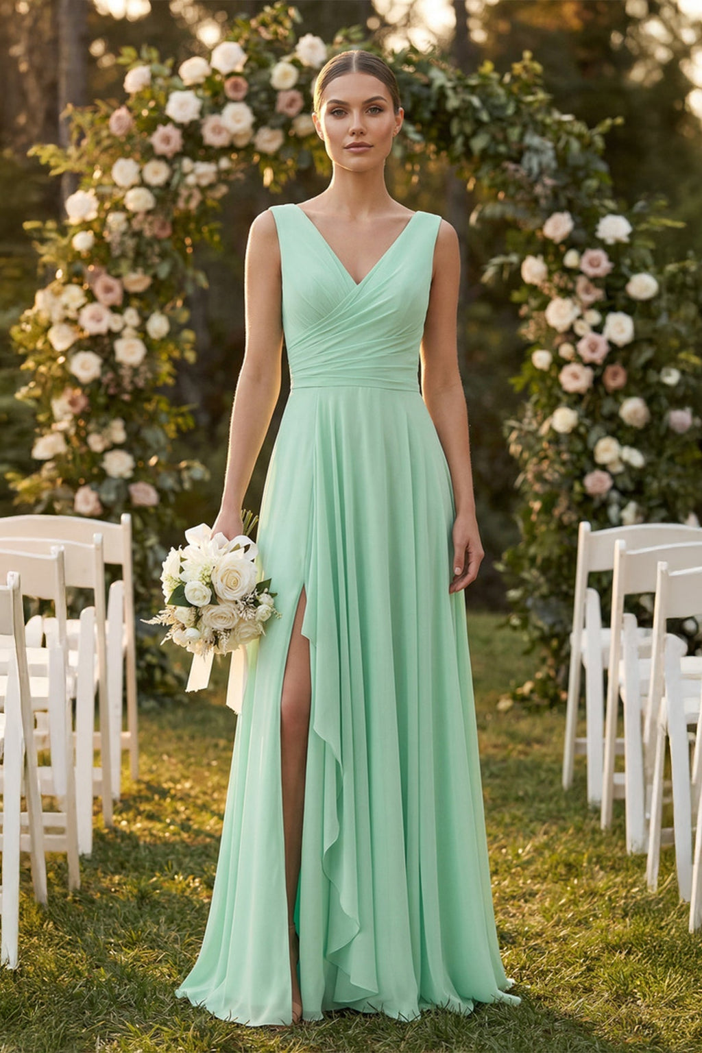 V - Neck Ruffled A - Line Chiffon Bridesmaid Dress - SHE IS ME Bridesmaid Dresses