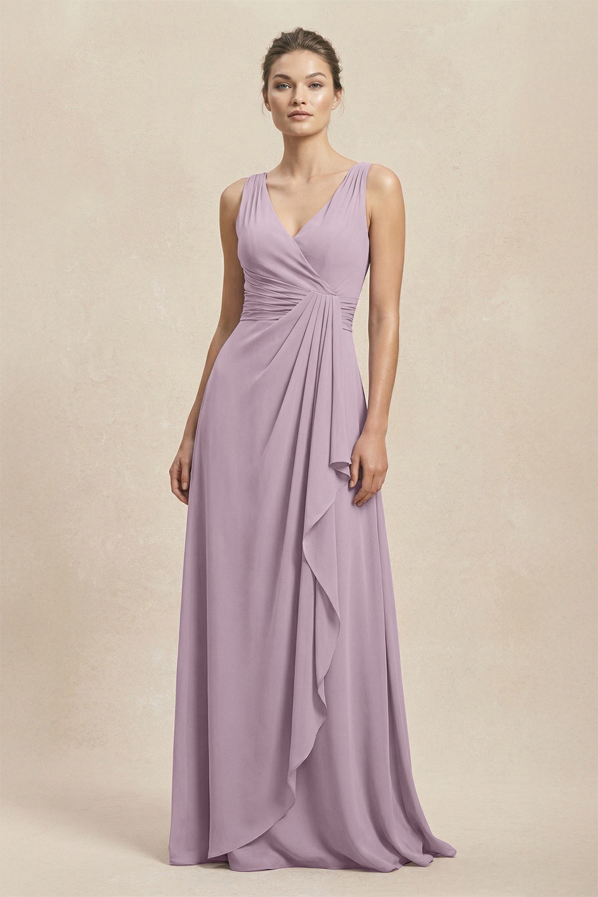 V - Neck Ruffled Ruched Chiffon A - Line Bridesmaid Dress in Dusk - SHE IS ME Bridesmaid Dresses