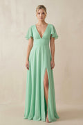 V-Neck Ruffled Short Sleeves A-Line Bridesmaid Dress in Pale Pistachio - SHE IS ME BRIDESMAID DRESSES