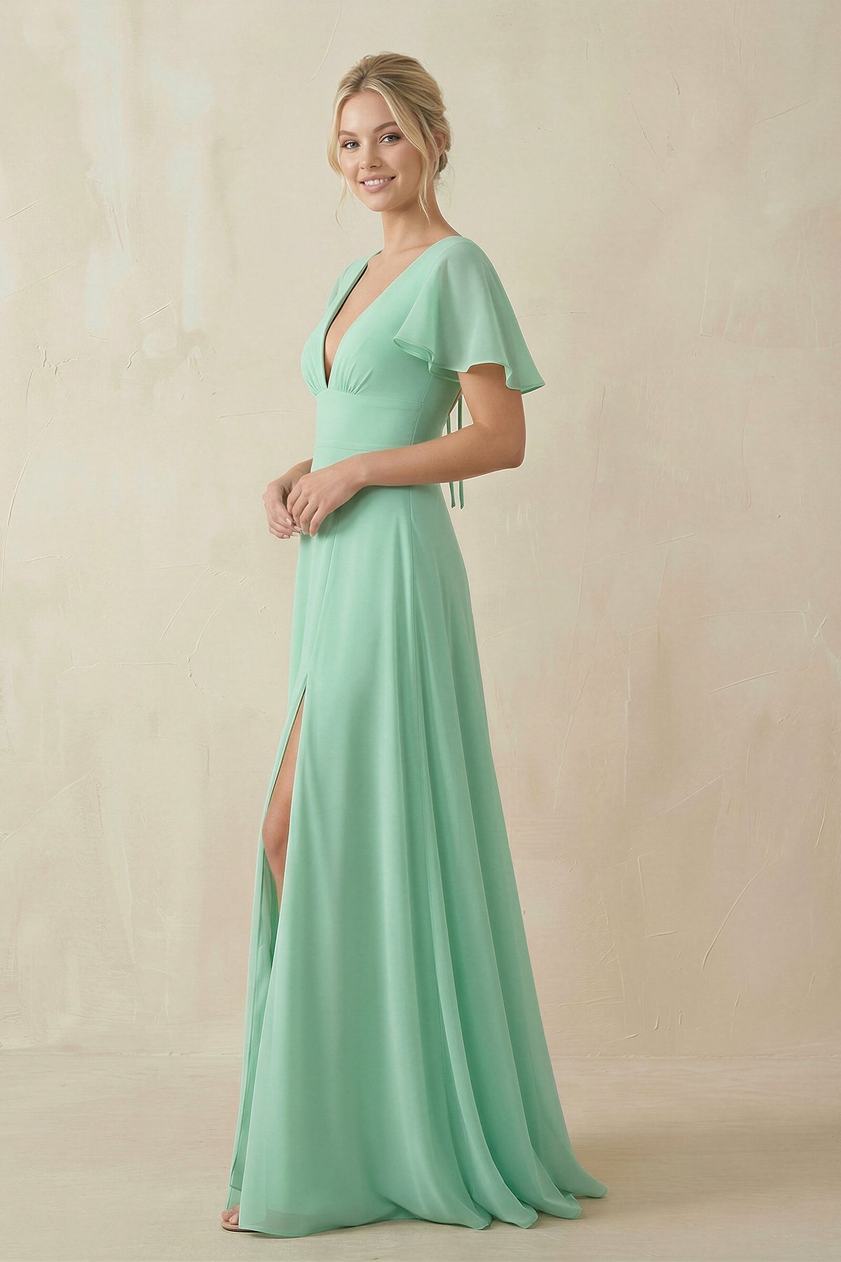 V-Neck Ruffled Short Sleeves A-Line Bridesmaid Dress in Pale Pistachio - SHE IS ME BRIDESMAID DRESSES