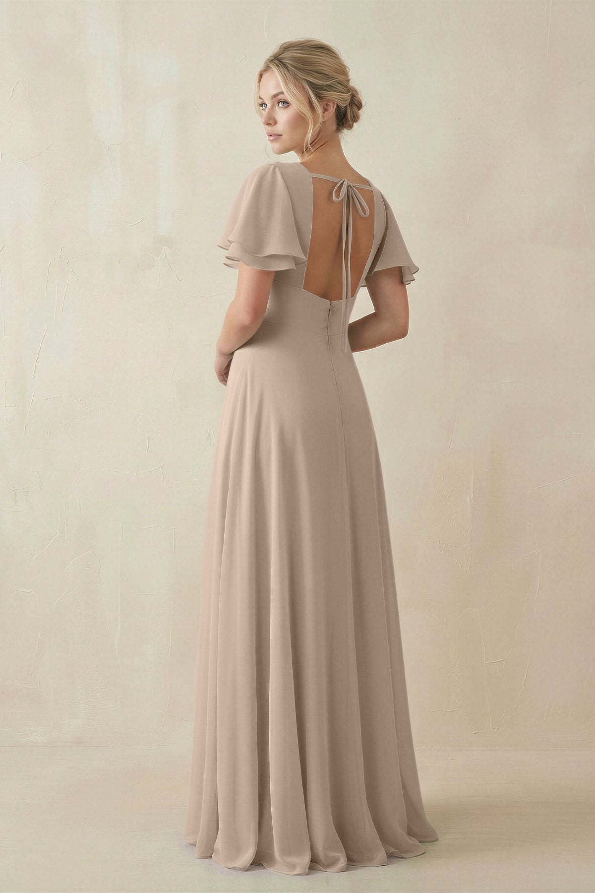V - Neck Ruffled Short Sleeves A - Line Bridesmaid Dress in Almond - SHE IS ME Bridesmaid Dresses