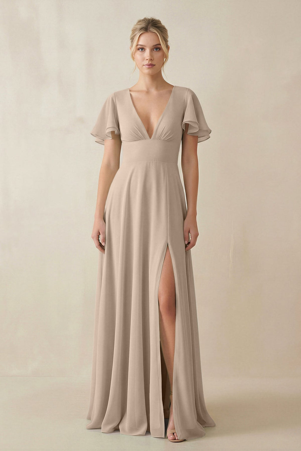 V - Neck Ruffled Short Sleeves A - Line Bridesmaid Dress in Almond - SHE IS ME Bridesmaid Dresses