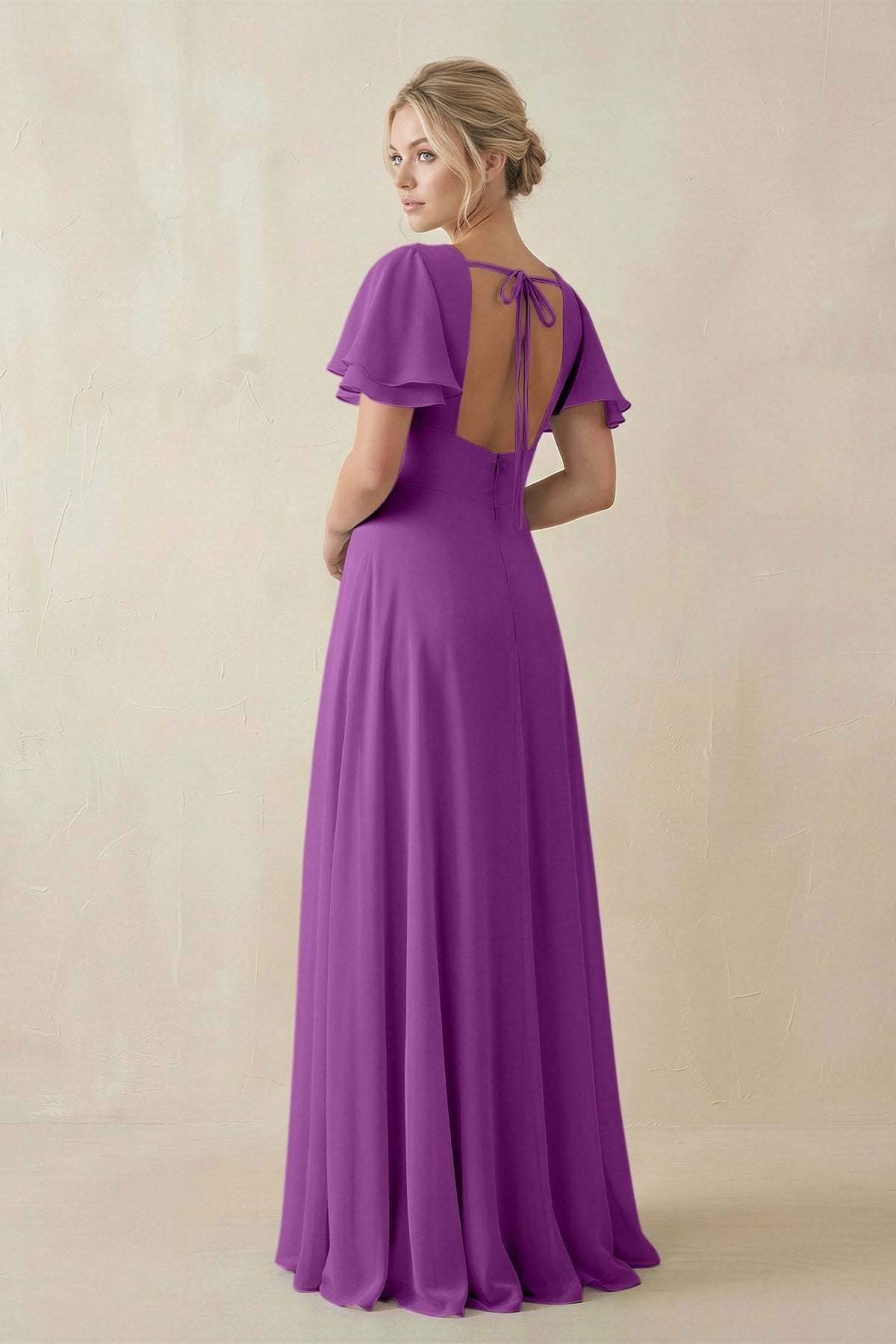 V - Neck Ruffled Short Sleeves A - Line Bridesmaid Dress in Amethyst - SHE IS ME Bridesmaid Dresses