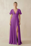 V - Neck Ruffled Short Sleeves A - Line Bridesmaid Dress in Amethyst - SHE IS ME Bridesmaid Dresses