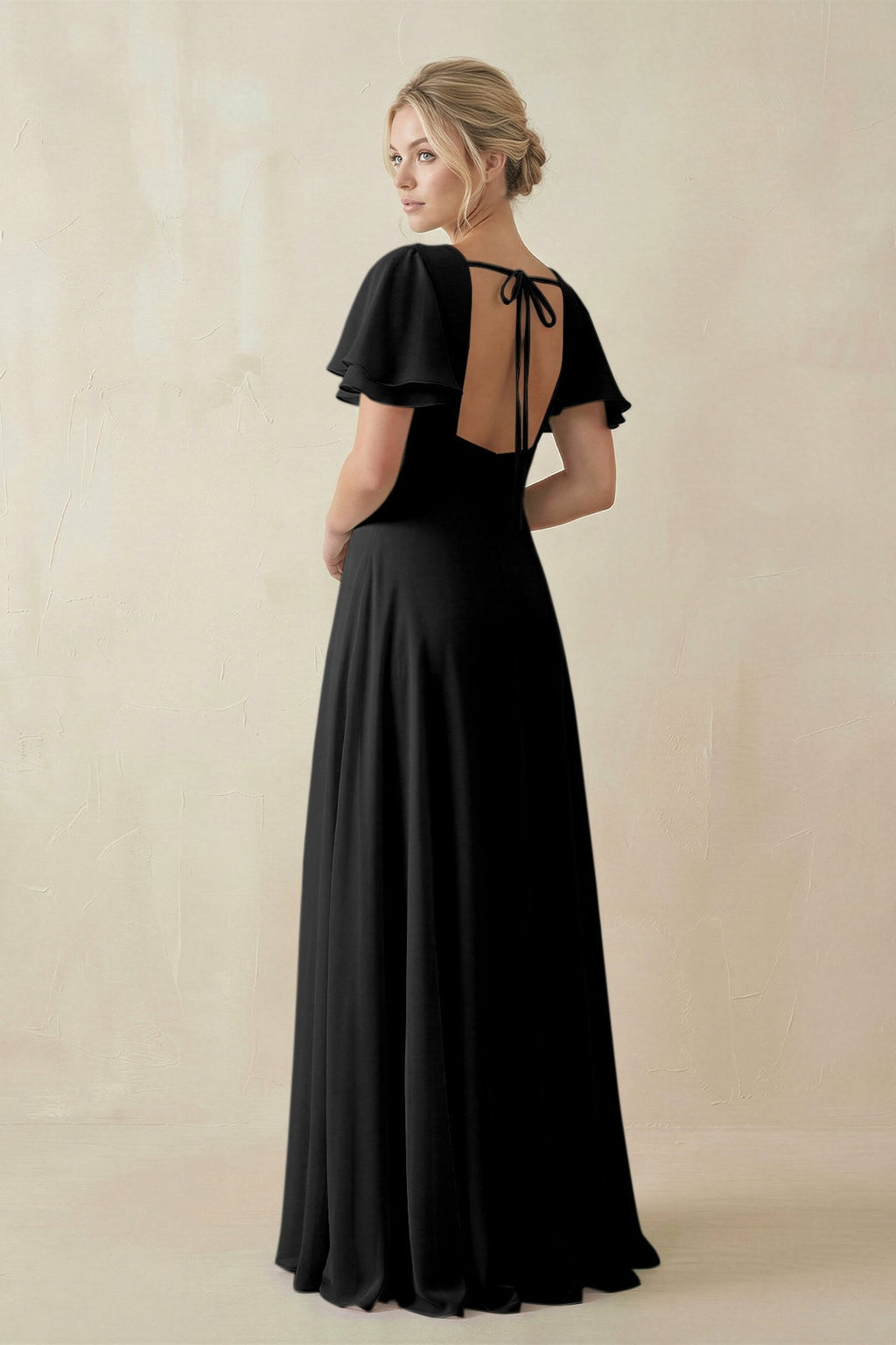 V - Neck Ruffled Short Sleeves A - Line Bridesmaid Dress in Black - SHE IS ME Bridesmaid Dresses
