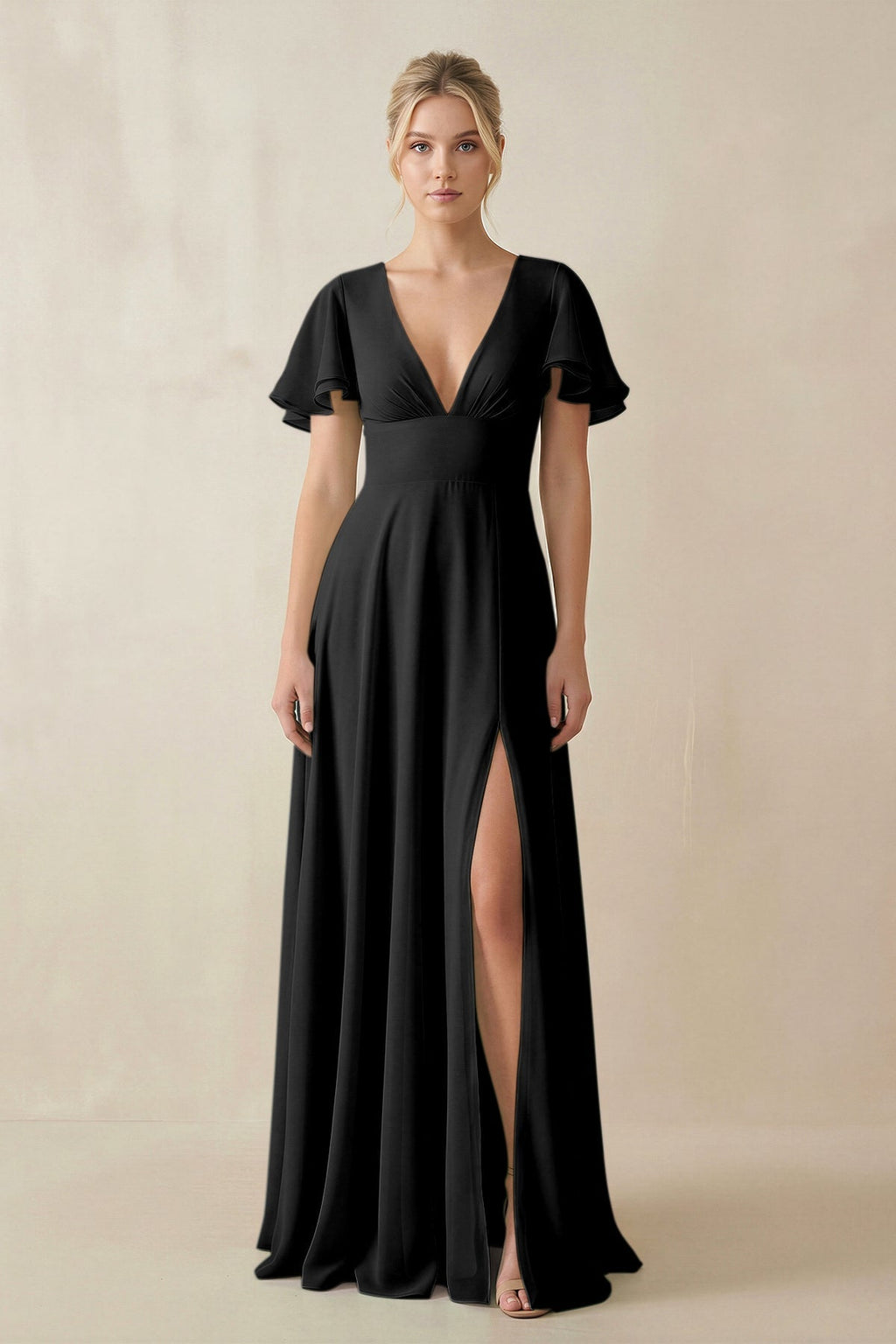 V - Neck Ruffled Short Sleeves A - Line Bridesmaid Dress in Black - SHE IS ME Bridesmaid Dresses