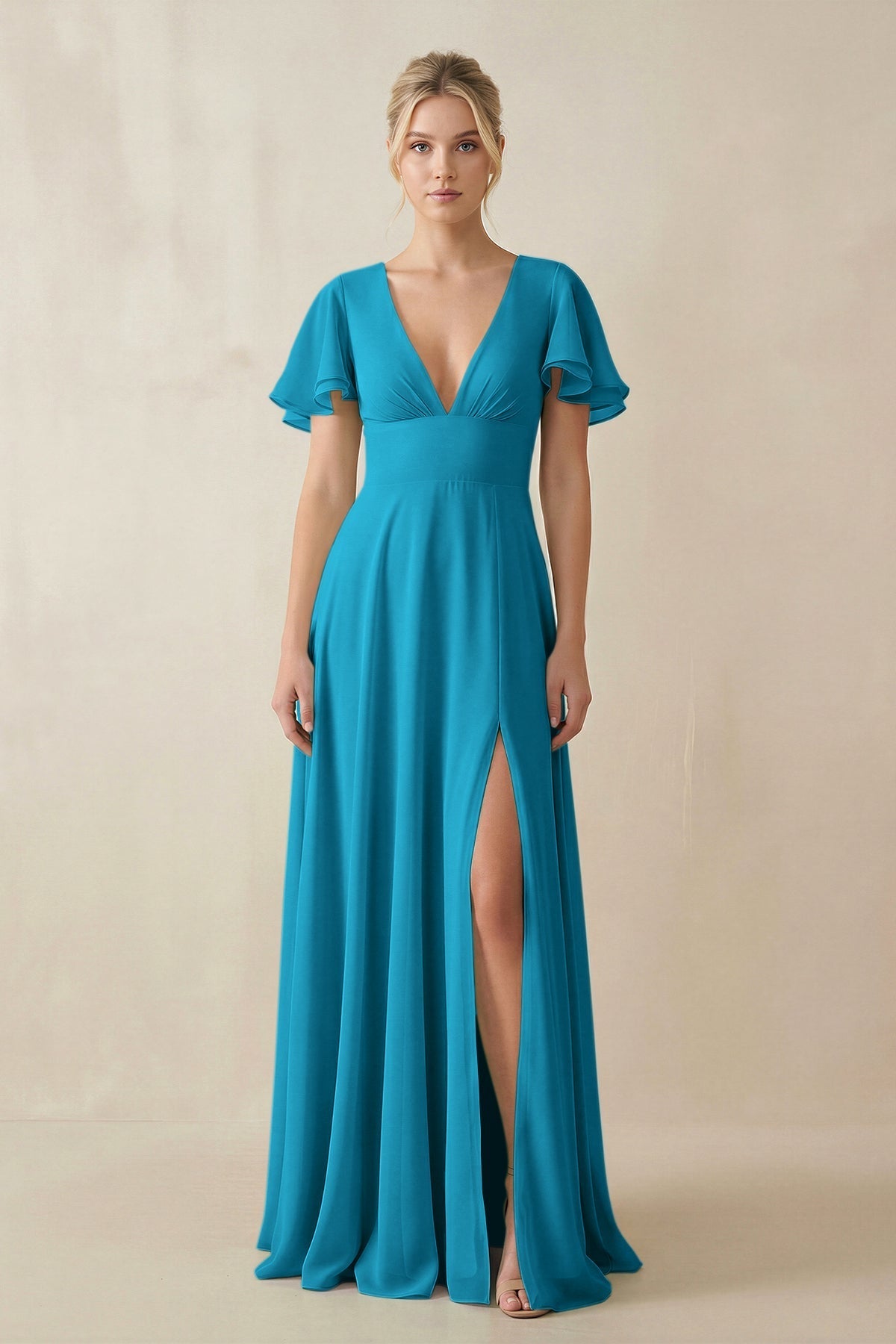V - Neck Ruffled Short Sleeves A - Line Bridesmaid Dress in Blue Jay - SHE IS ME Bridesmaid Dresses