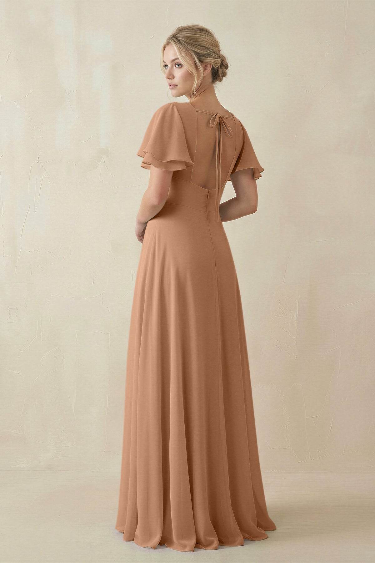 V - Neck Ruffled Short Sleeves A - Line Bridesmaid Dress in Bronzer - SHE IS ME Bridesmaid Dresses