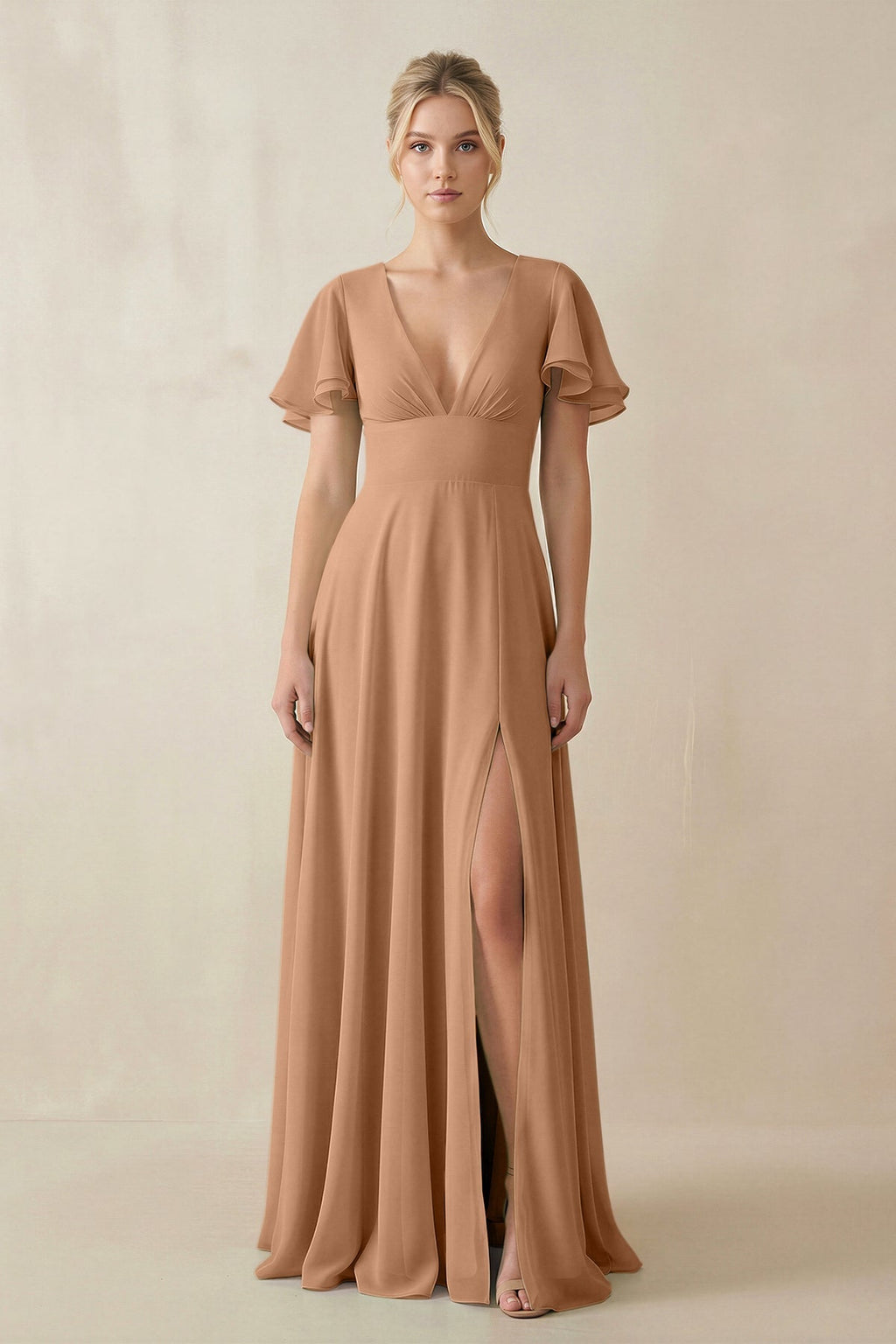 V - Neck Ruffled Short Sleeves A - Line Bridesmaid Dress in Bronzer - SHE IS ME Bridesmaid Dresses