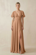 V - Neck Ruffled Short Sleeves A - Line Bridesmaid Dress in Bronzer - SHE IS ME Bridesmaid Dresses