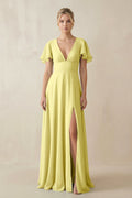 V - Neck Ruffled Short Sleeves A - Line Bridesmaid Dress in Buttercup - SHE IS ME Bridesmaid Dresses