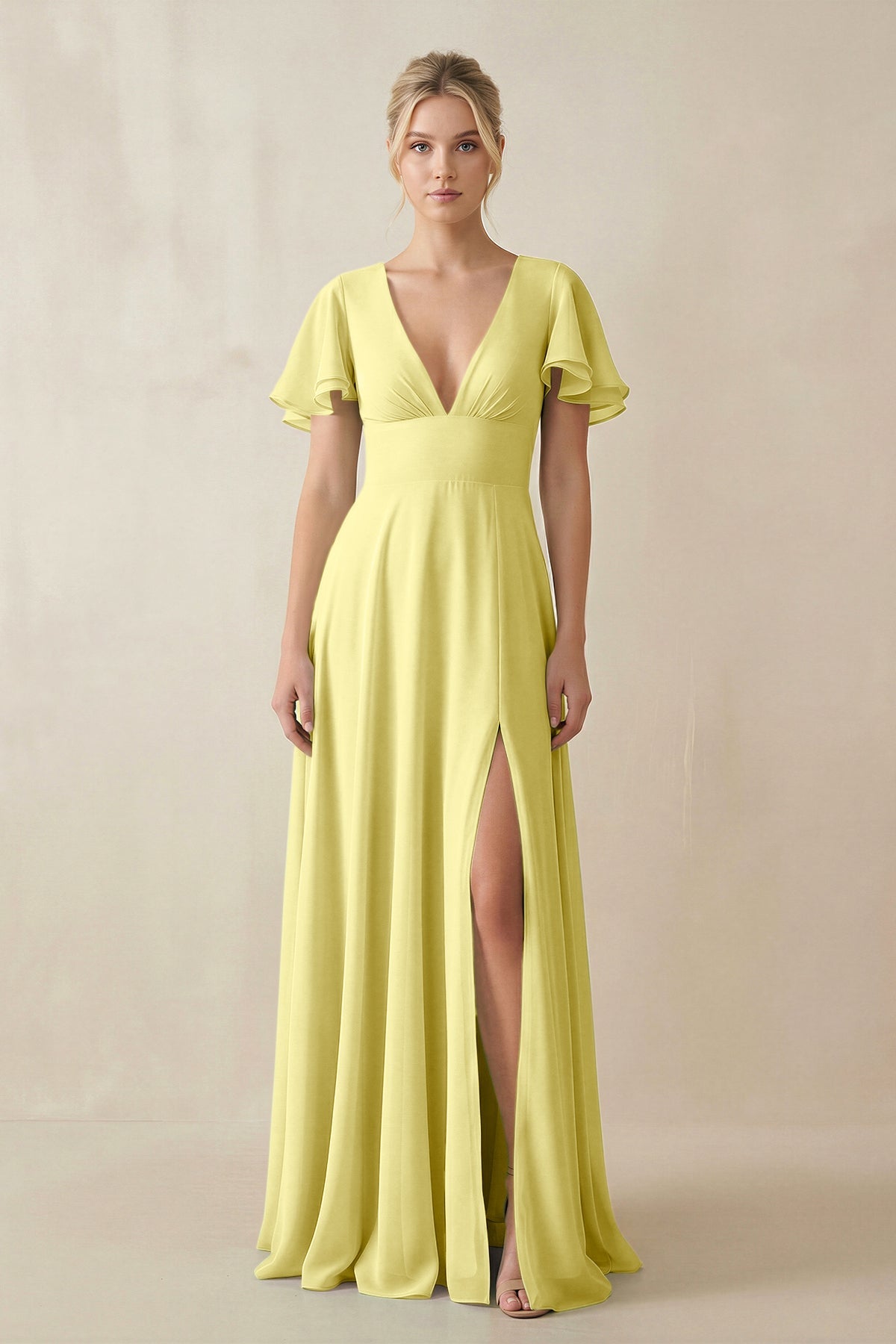 V - Neck Ruffled Short Sleeves A - Line Bridesmaid Dress in Buttercup - SHE IS ME Bridesmaid Dresses