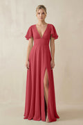 V - Neck Ruffled Short Sleeves A - Line Bridesmaid Dress in c - SHE IS ME Bridesmaid Dresses