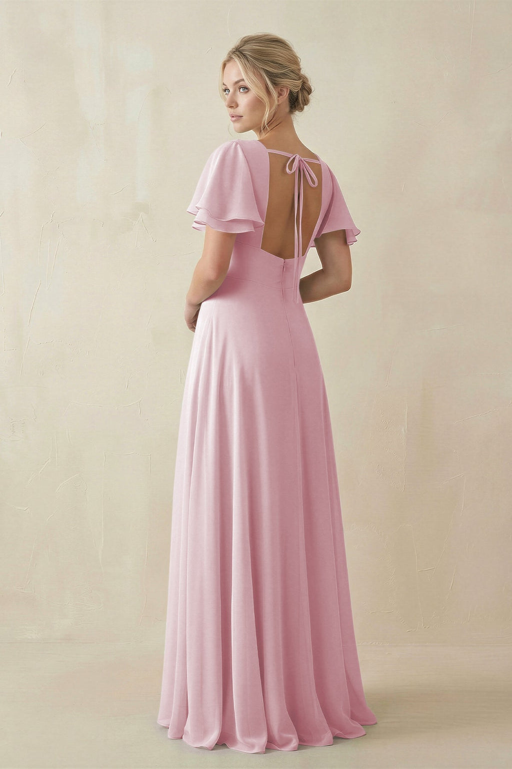 V - Neck Ruffled Short Sleeves A - Line Bridesmaid Dress in Candy Pink - SHE IS ME Bridesmaid Dresses