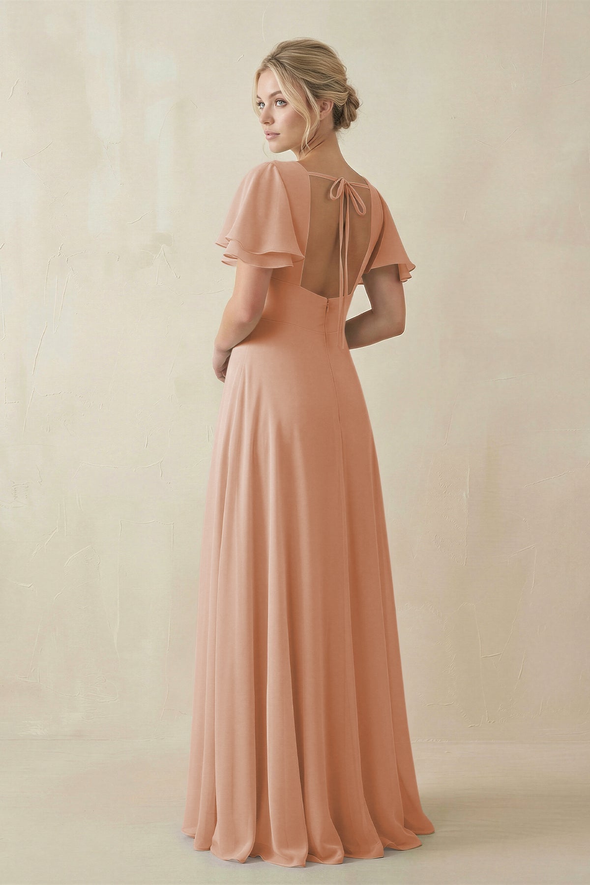 V - Neck Ruffled Short Sleeves A - Line Bridesmaid Dress in Champagne Rose - SHE IS ME Bridesmaid Dresses