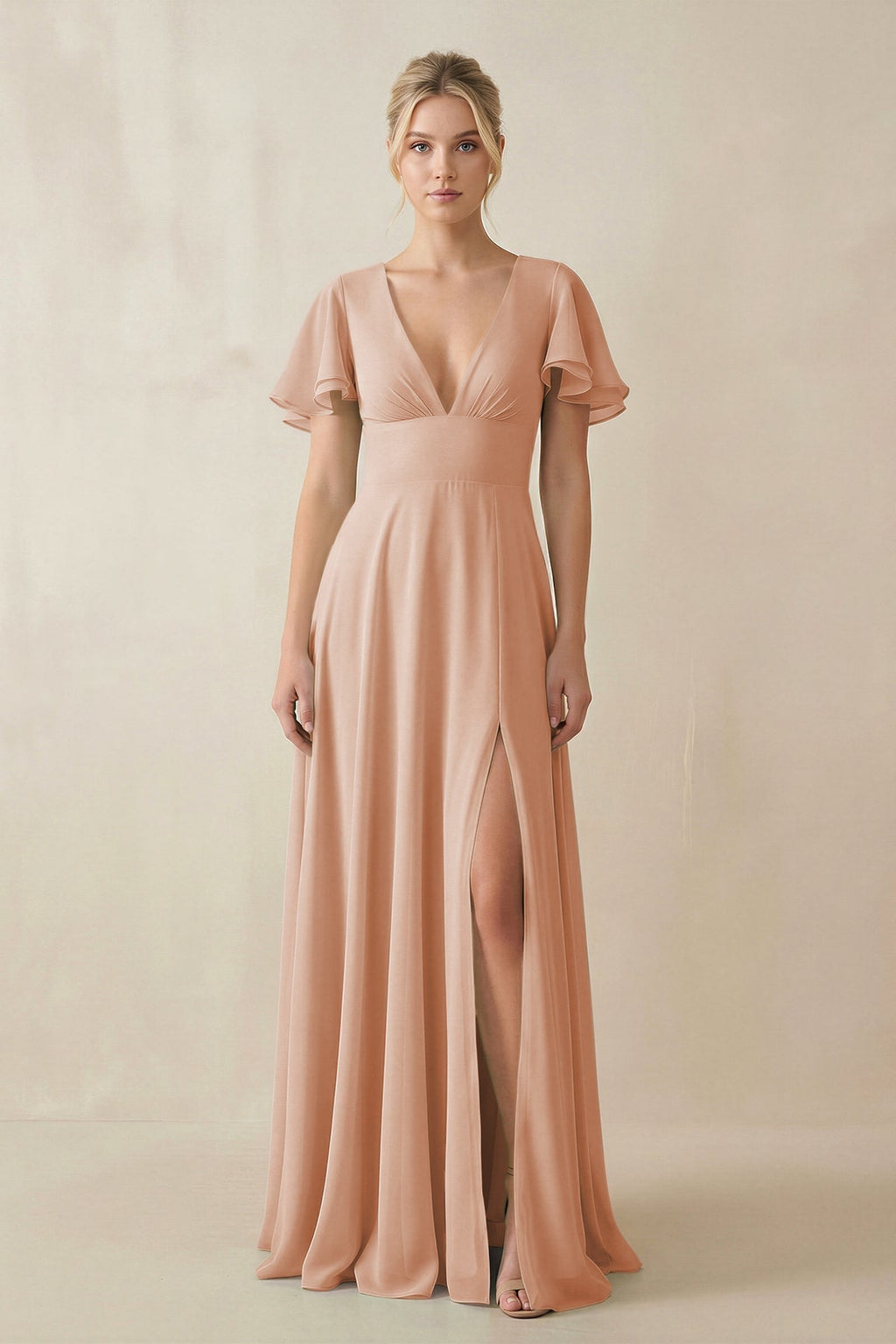 V - Neck Ruffled Short Sleeves A - Line Bridesmaid Dress in Champagne Rose - SHE IS ME Bridesmaid Dresses