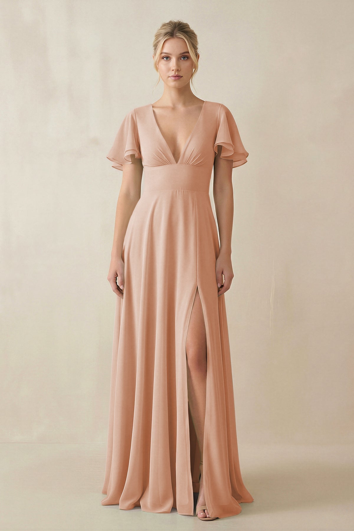 V - Neck Ruffled Short Sleeves A - Line Bridesmaid Dress in Champagne Rose - SHE IS ME Bridesmaid Dresses