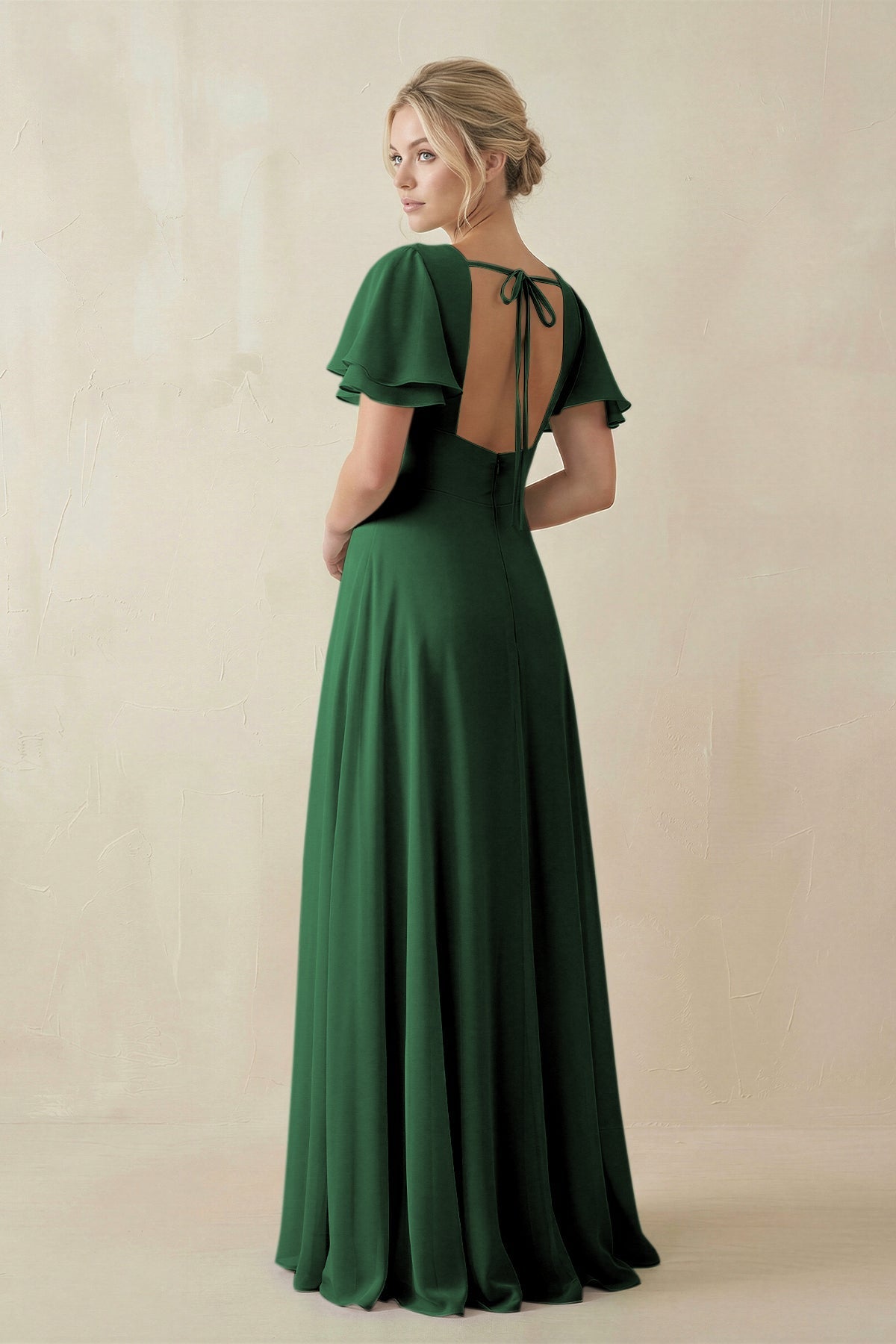 V - Neck Ruffled Short Sleeves A - Line Bridesmaid Dress in Dark Green - SHE IS ME Bridesmaid Dresses