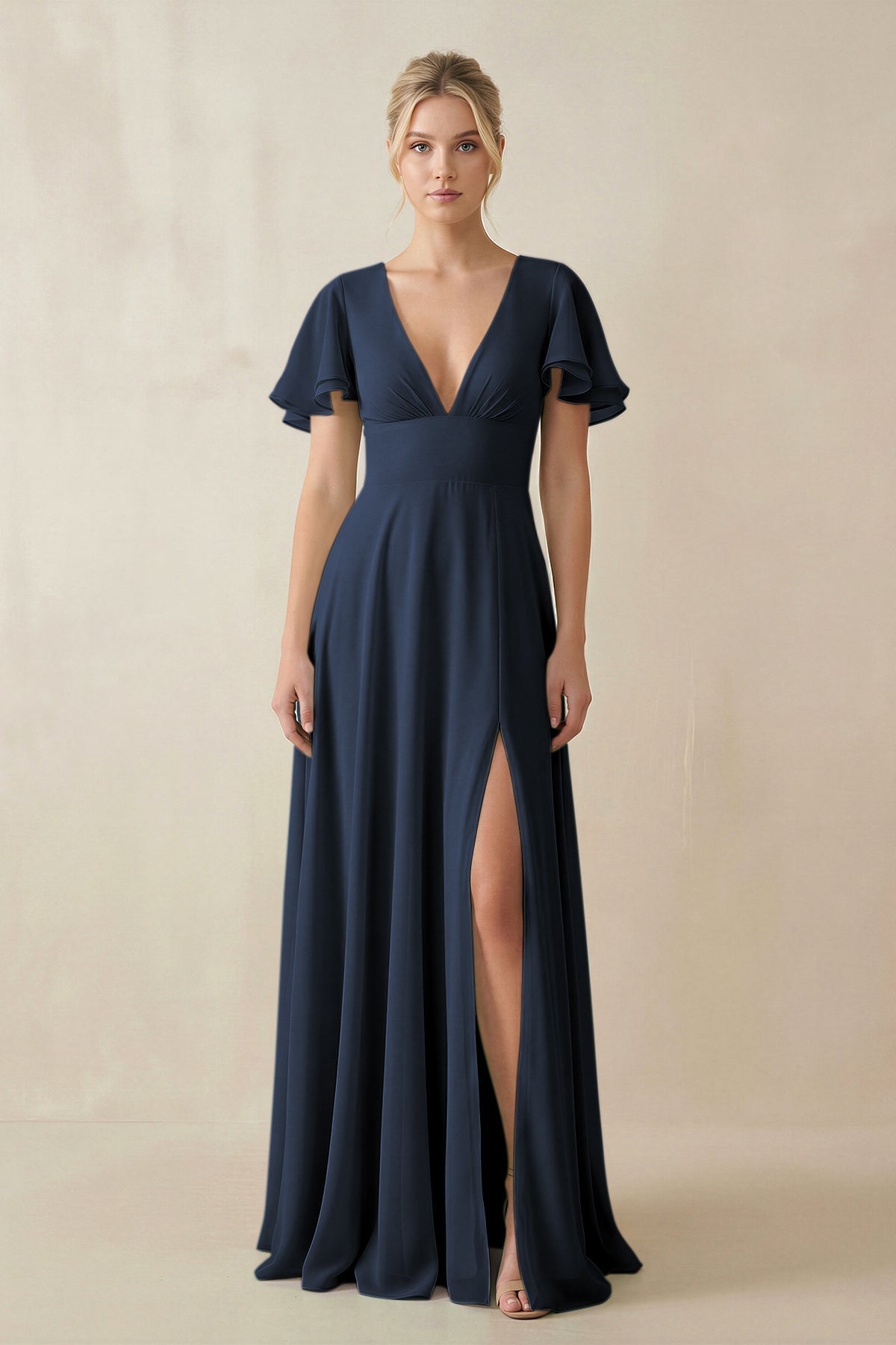 V - Neck Ruffled Short Sleeves A - Line Bridesmaid Dress in Dark Navy - SHE IS ME Bridesmaid Dresses