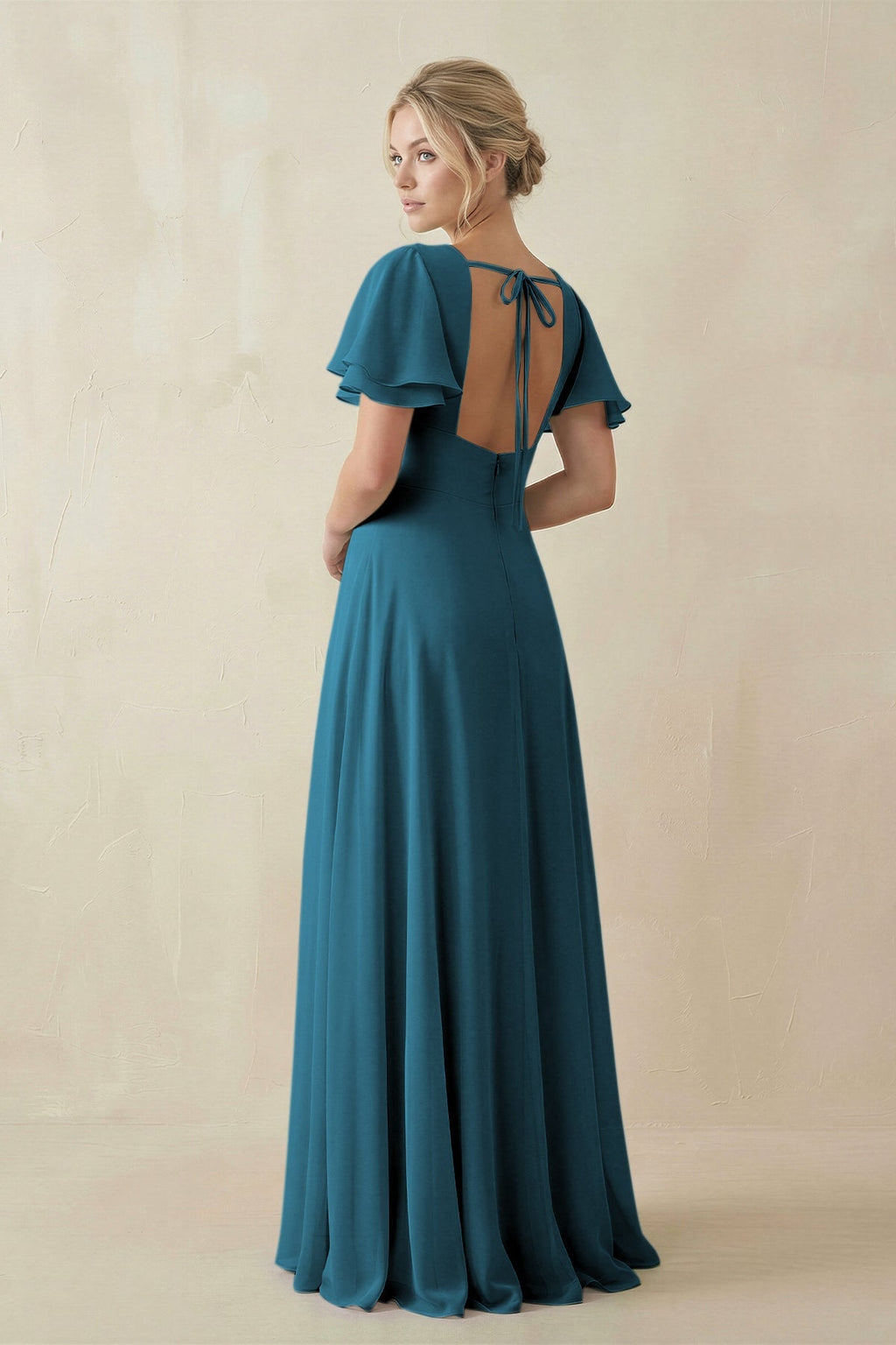 V - Neck Ruffled Short Sleeves A - Line Bridesmaid Dress in Dark Teal - SHE IS ME Bridesmaid Dresses