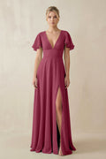 V - Neck Ruffled Short Sleeves A - Line Bridesmaid Dress in Desert Rose - SHE IS ME Bridesmaid Dresses