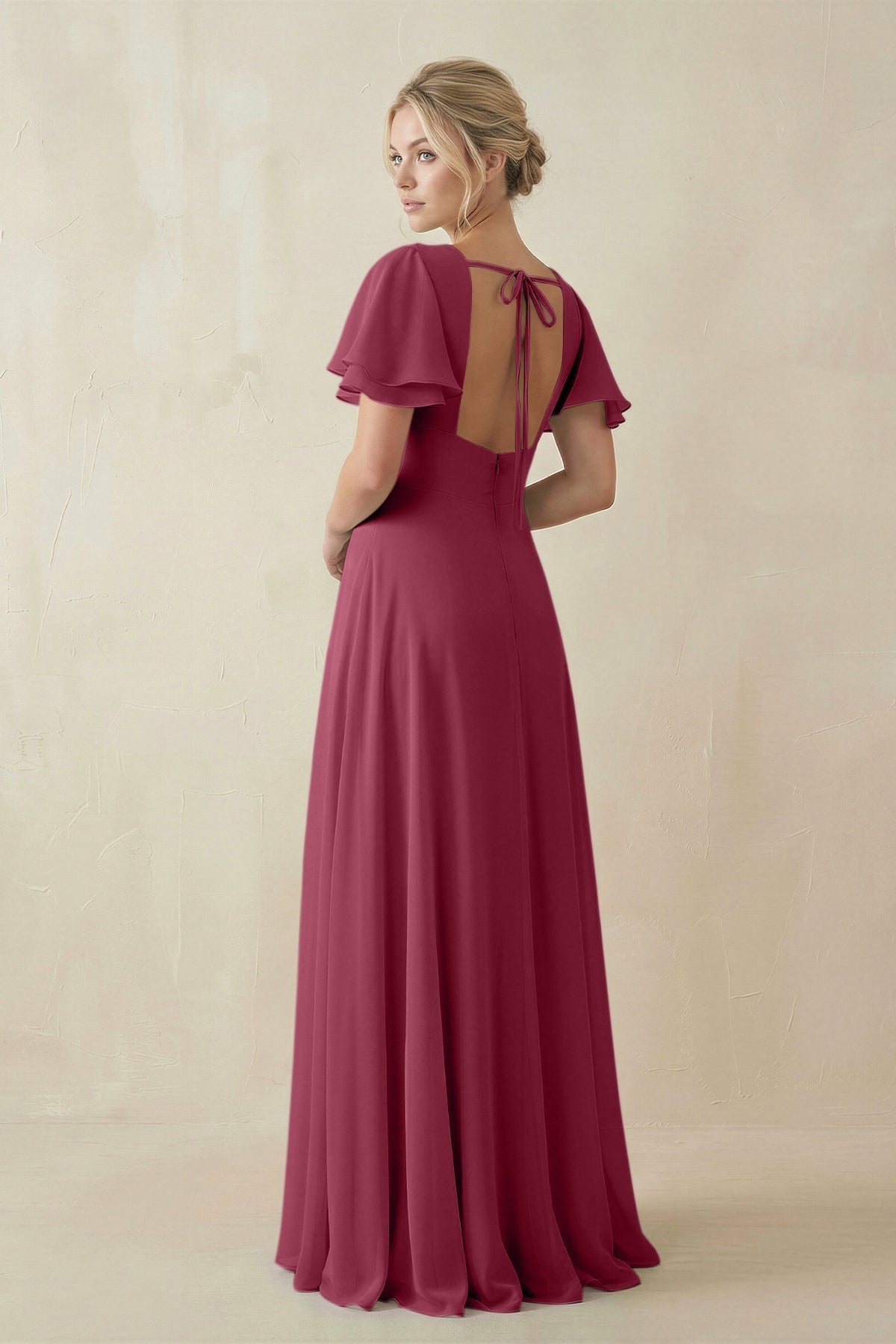 V - Neck Ruffled Short Sleeves A - Line Bridesmaid Dress in Desert Rose - SHE IS ME Bridesmaid Dresses