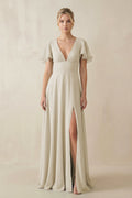 V - Neck Ruffled Short Sleeves A - Line Bridesmaid Dress in Dove Gray - SHE IS ME Bridesmaid Dresses