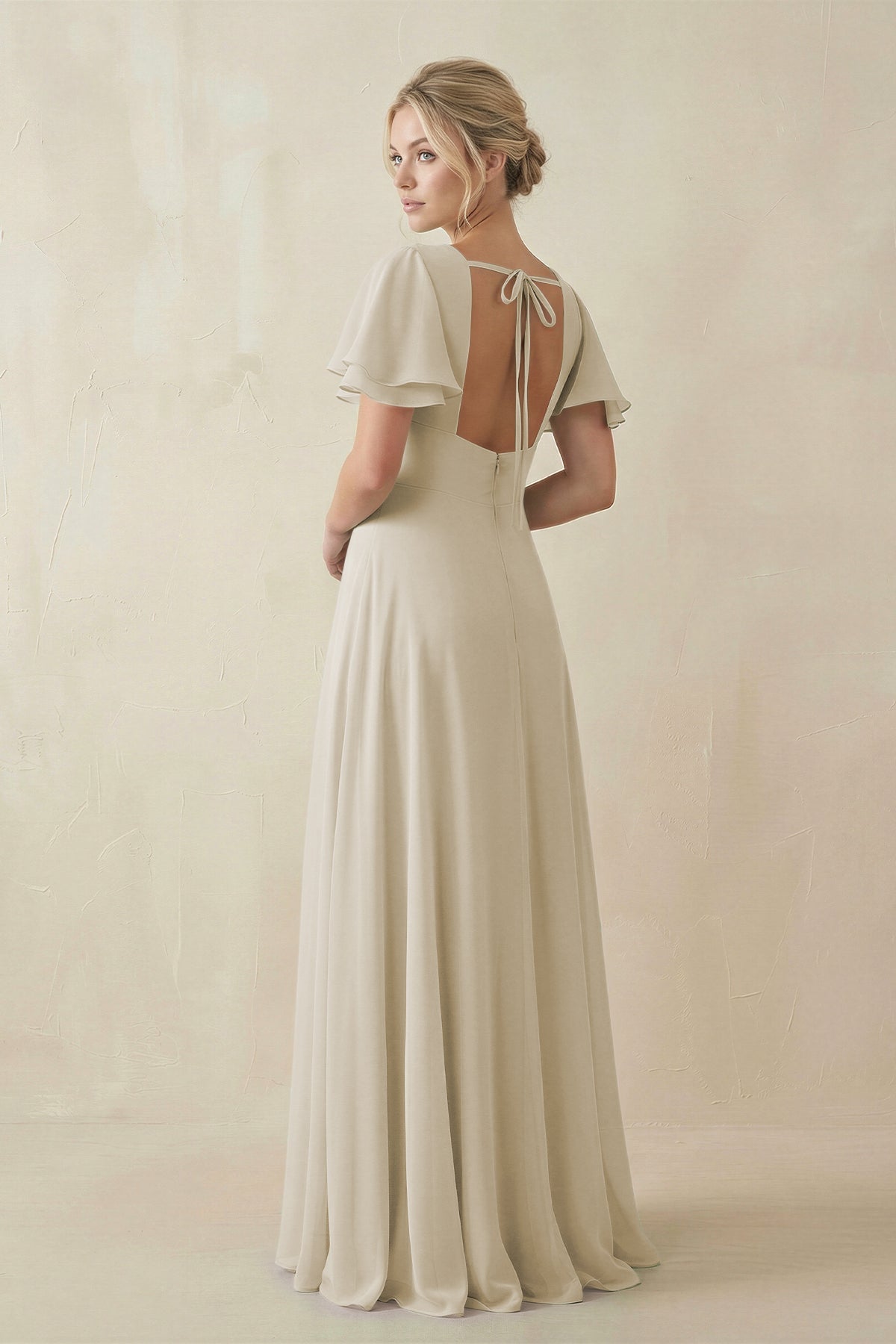 V - Neck Ruffled Short Sleeves A - Line Bridesmaid Dress in Dove Gray - SHE IS ME Bridesmaid Dresses