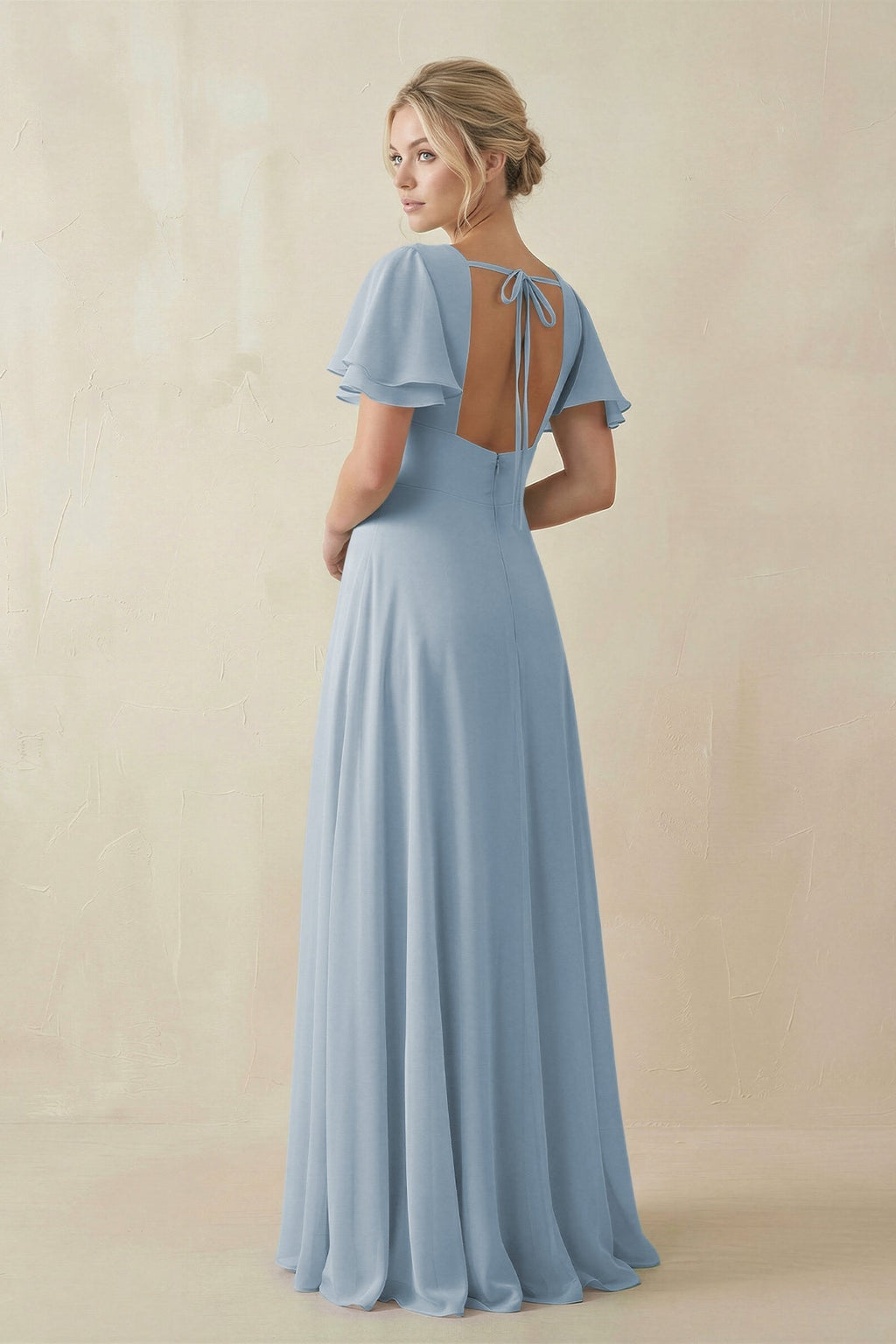 V - Neck Ruffled Short Sleeves A - Line Bridesmaid Dress in Dusty Blue - SHE IS ME Bridesmaid Dresses