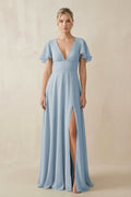 V - Neck Ruffled Short Sleeves A - Line Bridesmaid Dress in Dusty Blue - SHE IS ME Bridesmaid Dresses
