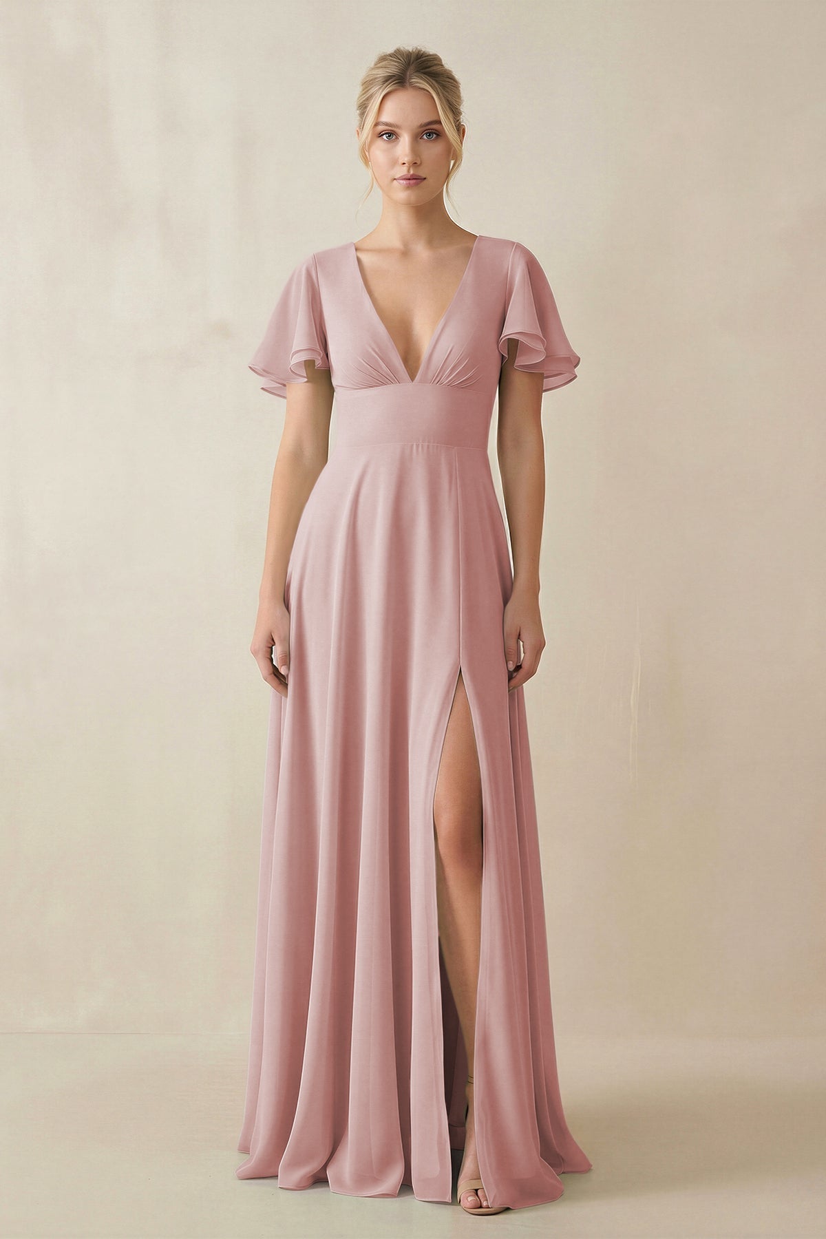 V - Neck Ruffled Short Sleeves A - Line Bridesmaid Dress in Dusty Rose - SHE IS ME Bridesmaid Dresses