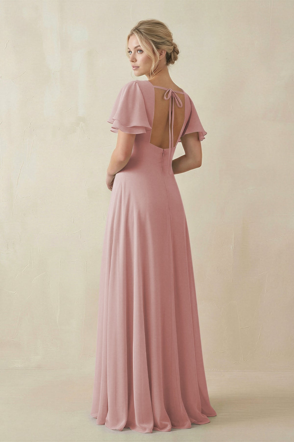 V - Neck Ruffled Short Sleeves A - Line Bridesmaid Dress in Dusty Rose - SHE IS ME Bridesmaid Dresses
