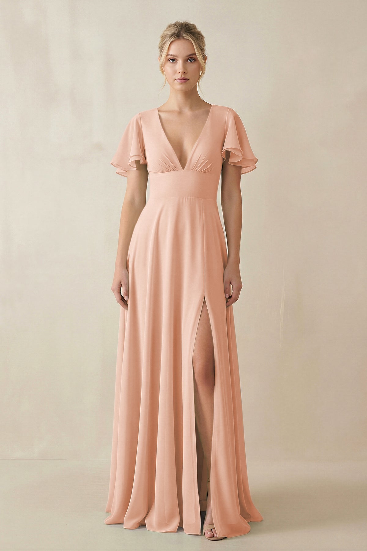 V - Neck Ruffled Short Sleeves A - Line Bridesmaid Dress in English Rose - SHE IS ME Bridesmaid Dresses