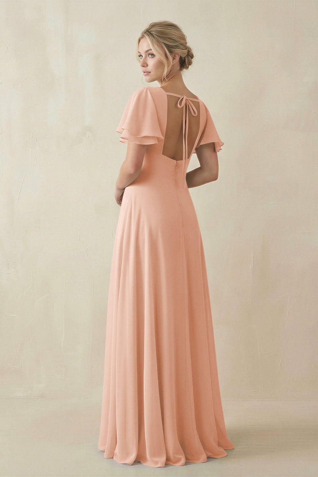 V - Neck Ruffled Short Sleeves A - Line Bridesmaid Dress in English Rose - SHE IS ME Bridesmaid Dresses