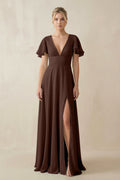 V - Neck Ruffled Short Sleeves A - Line Bridesmaid Dress in Espresso - SHE IS ME Bridesmaid Dresses