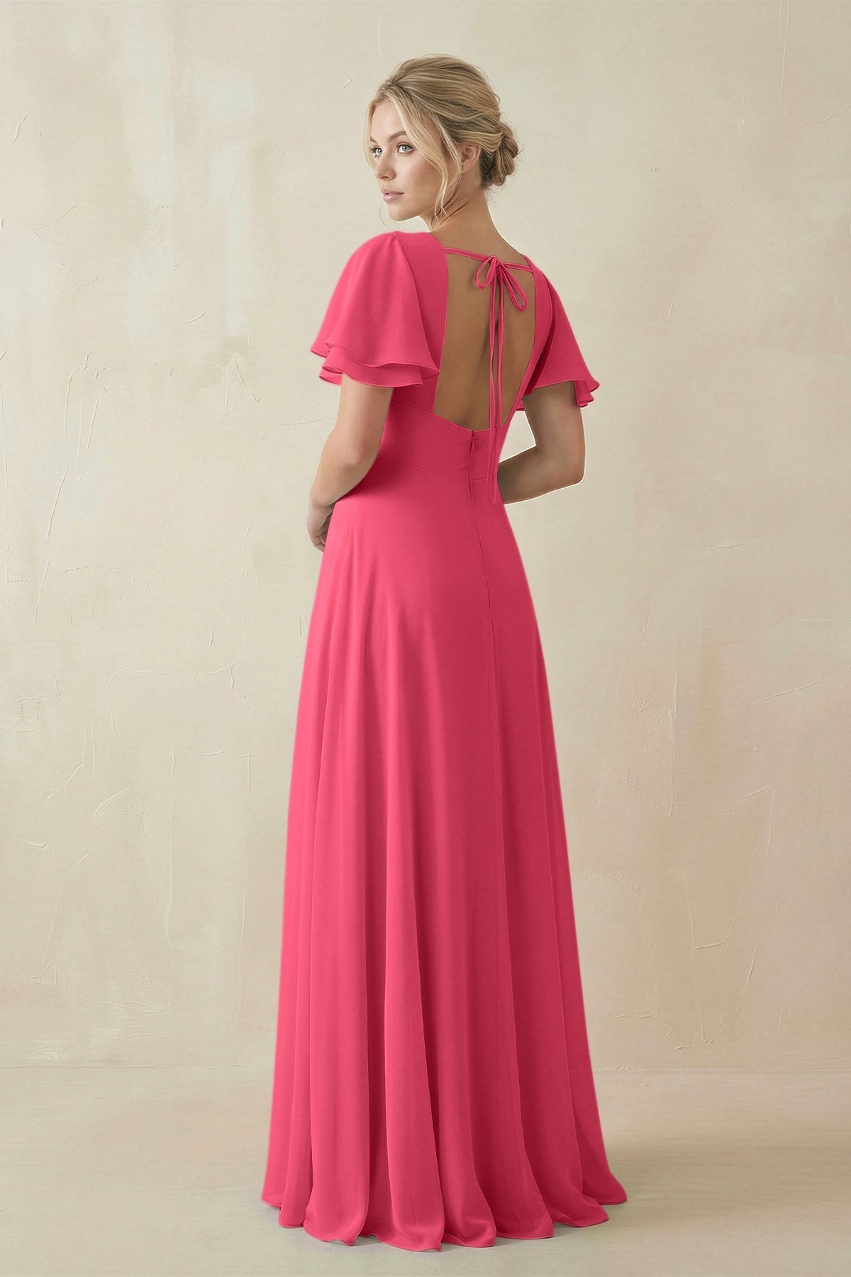 V - Neck Ruffled Short Sleeves A - Line Bridesmaid Dress in Fuchsia - SHE IS ME Bridesmaid Dresses